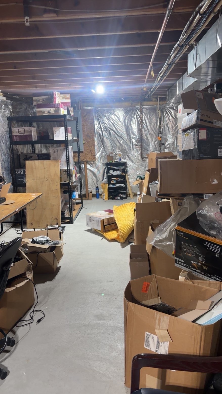 Basement storage room packed with boxes before cleanout
